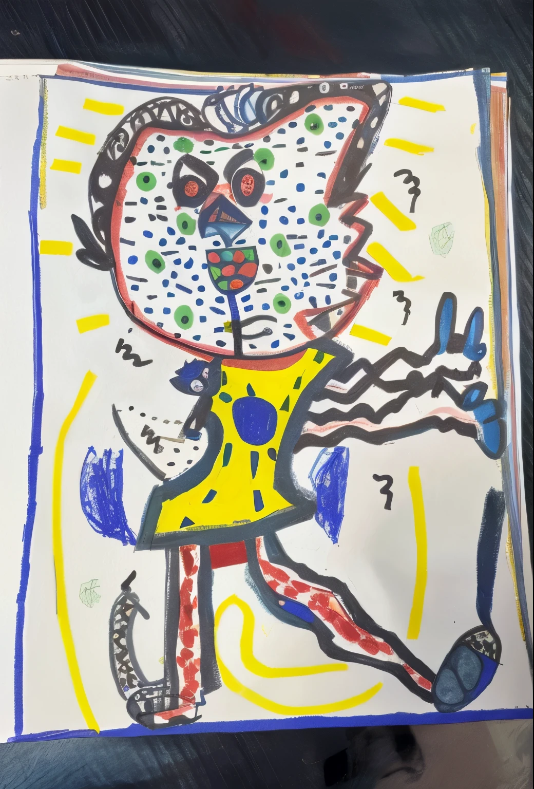 Draw a cat wearing a shirt and blue pants, inspired by asgerjon, inspired by Pierre Alechinsky, outsider art style, inspired by Karel Appel, outsider art!!!, Inspired by Joan Miró, Inspired by Jean Dubuffet, Picasso style, Inspired by Joan Miró, inspired by Marcel Chagall, inspired by Picasso