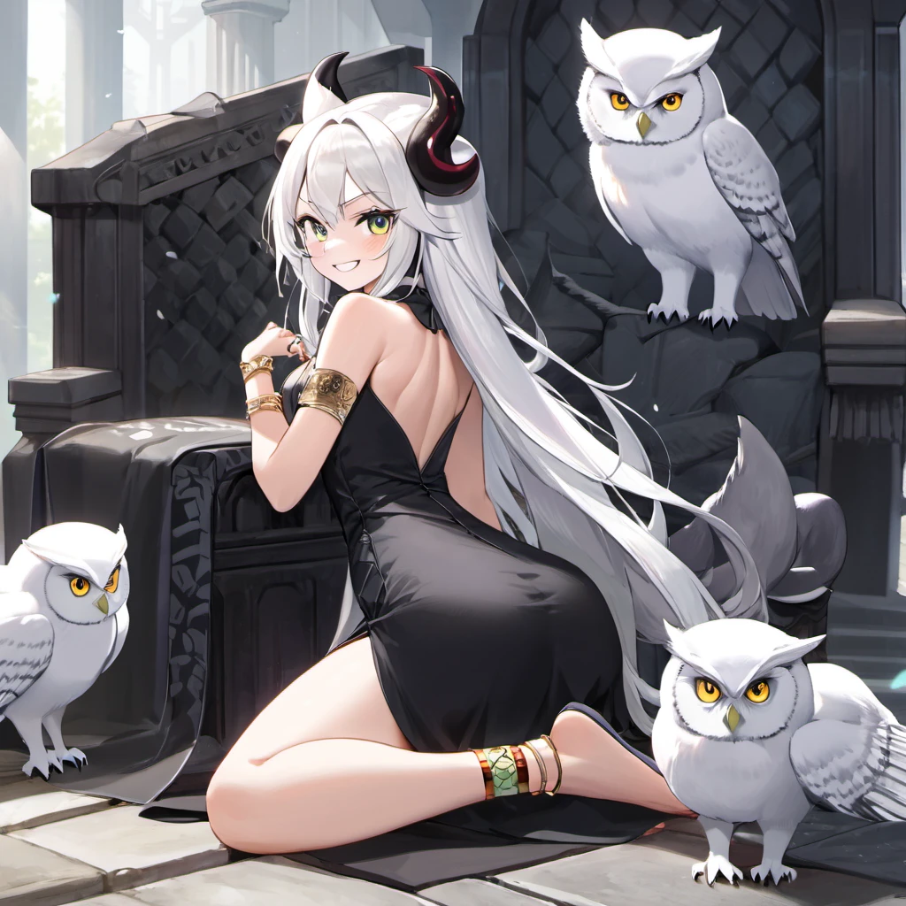 Masterpiece, Improved quality, High quality, Good anatomy, Well-formed hands, Healthy body, Intact fingers, Normal digits, 4k quality image, girl, horns, owl wings, sleeveless black dress, white hair, long back hair, grinning, angry face, gold bracelet on both hands, animal white owl, animal black snake, animal grey wolf, she sit on the huge stone throne