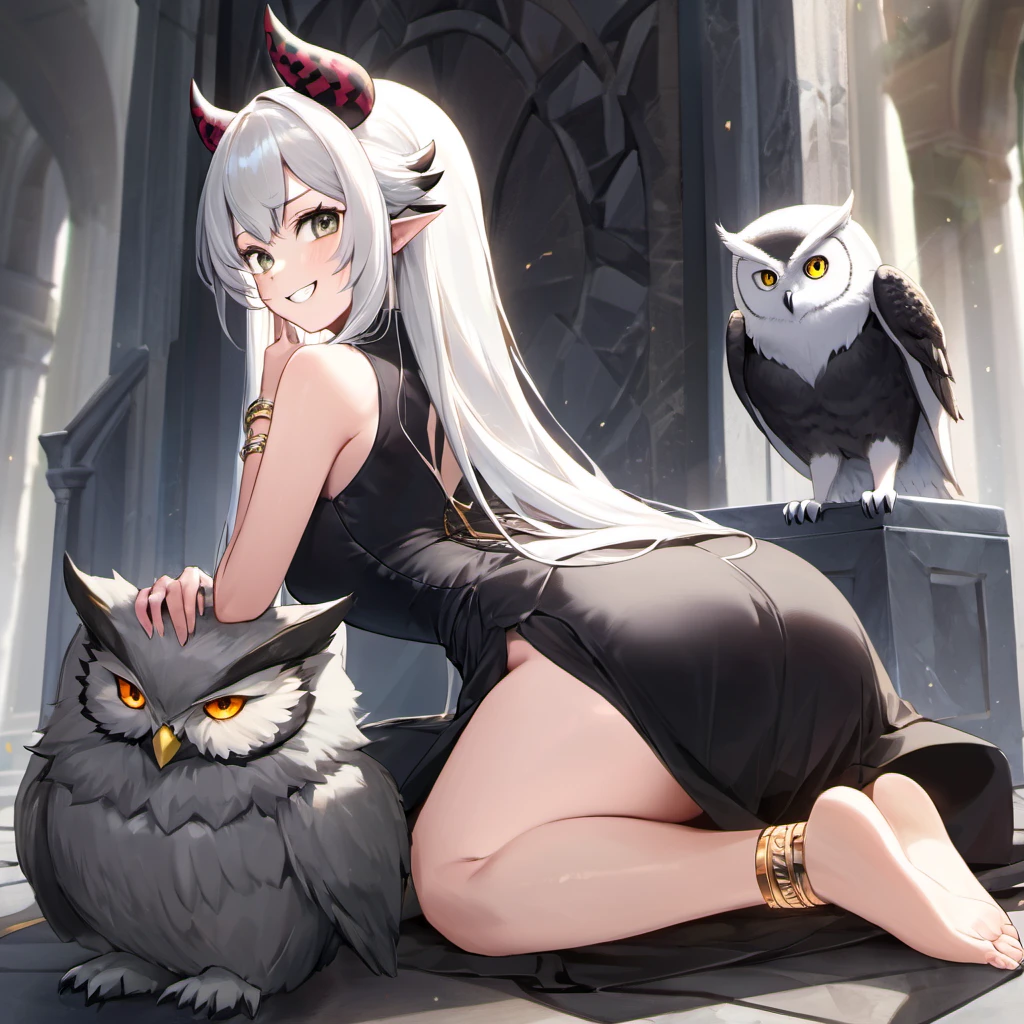 Masterpiece, Improved quality, High quality, Good anatomy, Well-formed hands, Healthy body, Intact fingers, Normal digits, 4k quality image, girl, horns, owl wings, sleeveless black dress, white hair, long back hair, grinning, angry face, gold bracelet on both hands, animal white owl, animal black snake, animal grey wolf, she sit on the huge stone throne