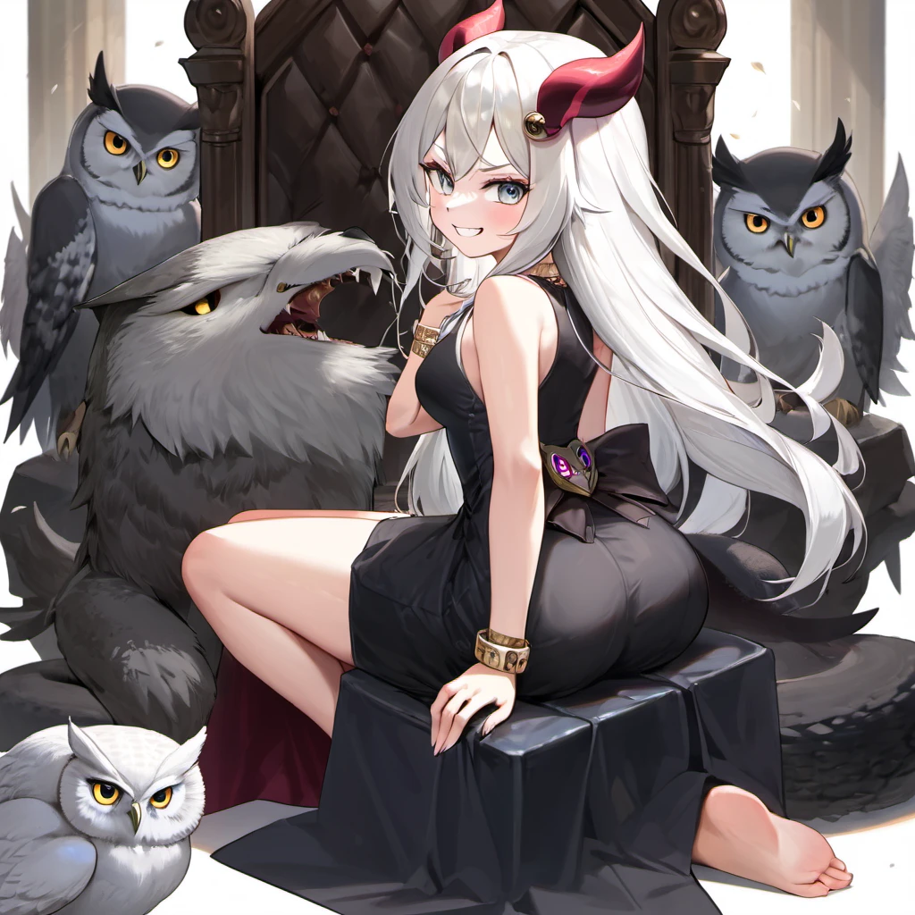 Masterpiece, Improved quality, High quality, Good anatomy, Well-formed hands, Healthy body, Intact fingers, Normal digits, 4k quality image, girl, horns, owl wings, sleeveless black dress, white hair, long back hair, grinning, angry face, gold bracelet on both hands, animal white owl, animal black snake, animal grey wolf, she sit on the huge stone throne