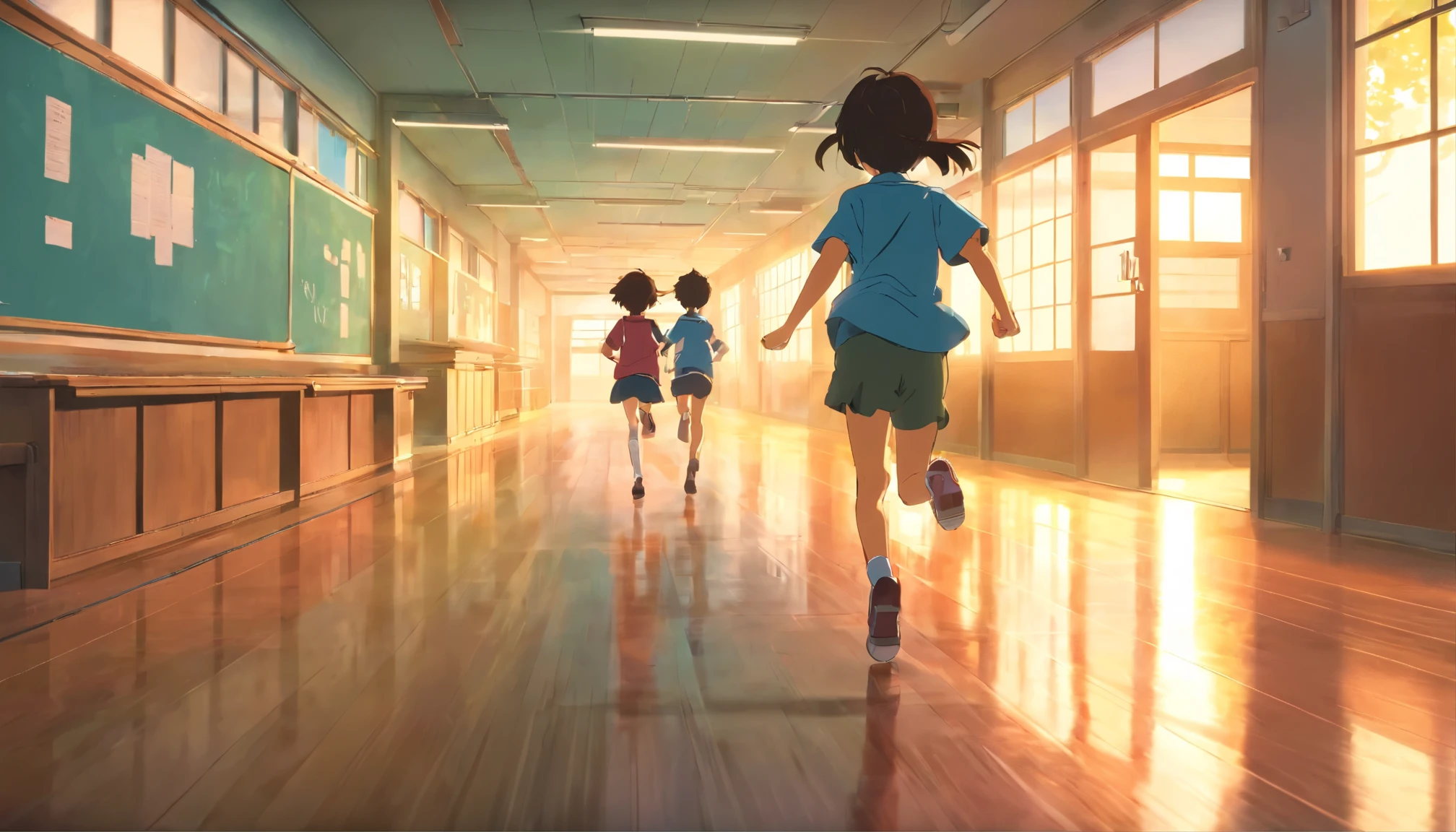 Children running indoors at a Japanese elementary school、stage、corridor、evening,7 year old elementary school student、Rear view、Filled with fantastic and beautiful light。High quality down to the smallest detail。High resolution、4k