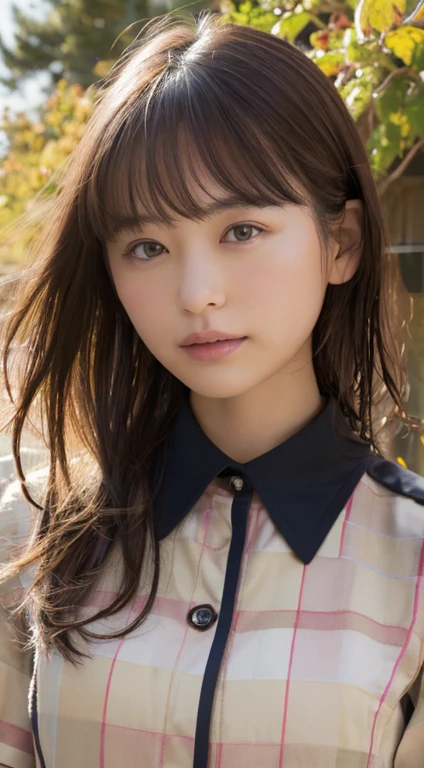 ((highest quality, 8K, masterpiece :1.3)), 1 girl, Slender pretty woman :1.3, (brown hair, shortcut, small breasts:1.2), wet body:1.2, Burberry checked collared shirt, super detailed face, Highly detailed eye resolution, double eyelid、Bulge cheeks、Low - Angle、(layer cut、shaggy、Hair on my cheeks)、tear bag、Tree-lined avenue in autumn、skirt
