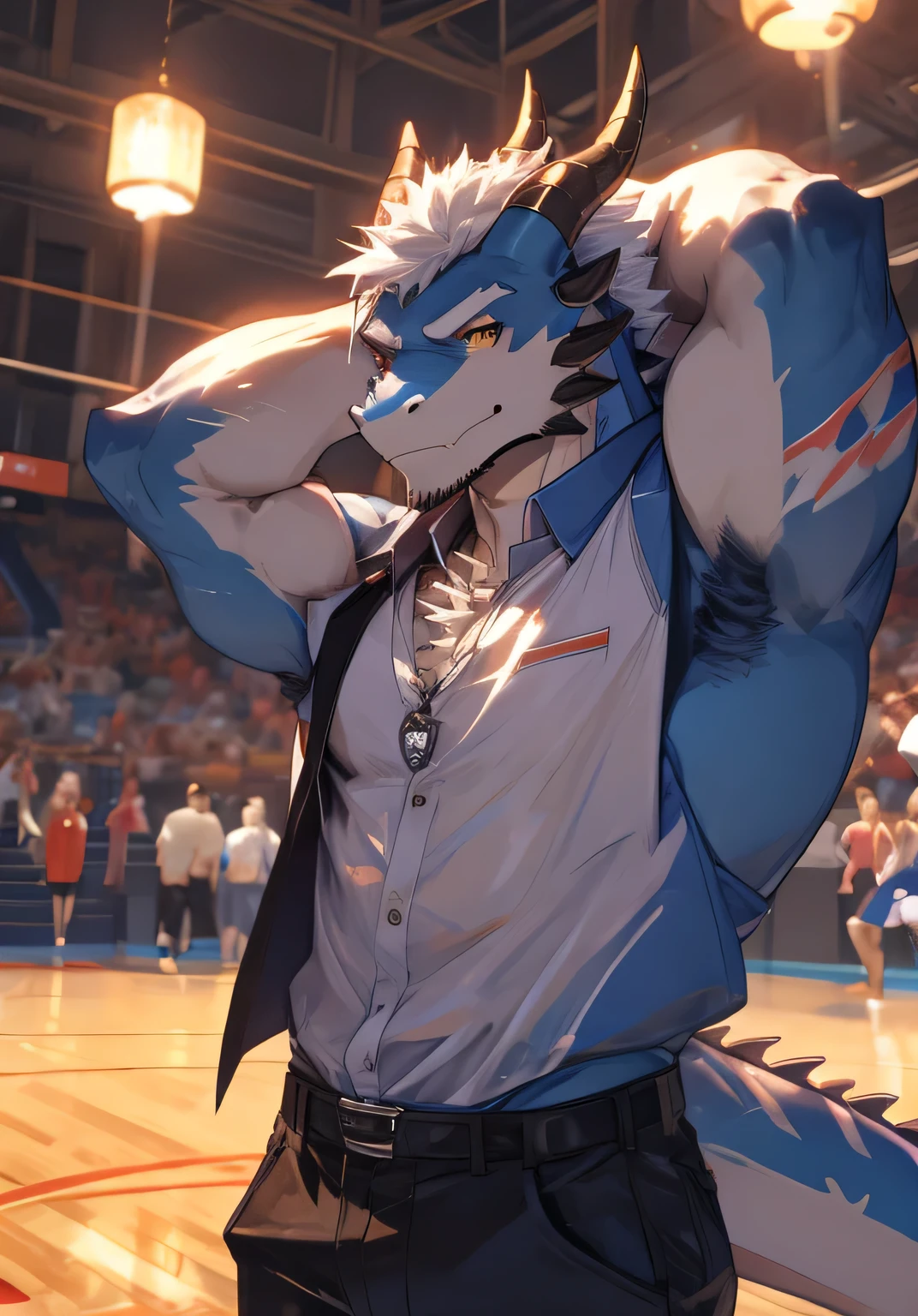 (masterpiece),(Very detailed),(high detail),(best quality),hairy,dragon,dragon scales,dragon horn,blue fur,white hair,golden pupils,8k,((high quality)),(basketball court background),Hands behind head,shirt lift,biting shirt,shirt in mouth