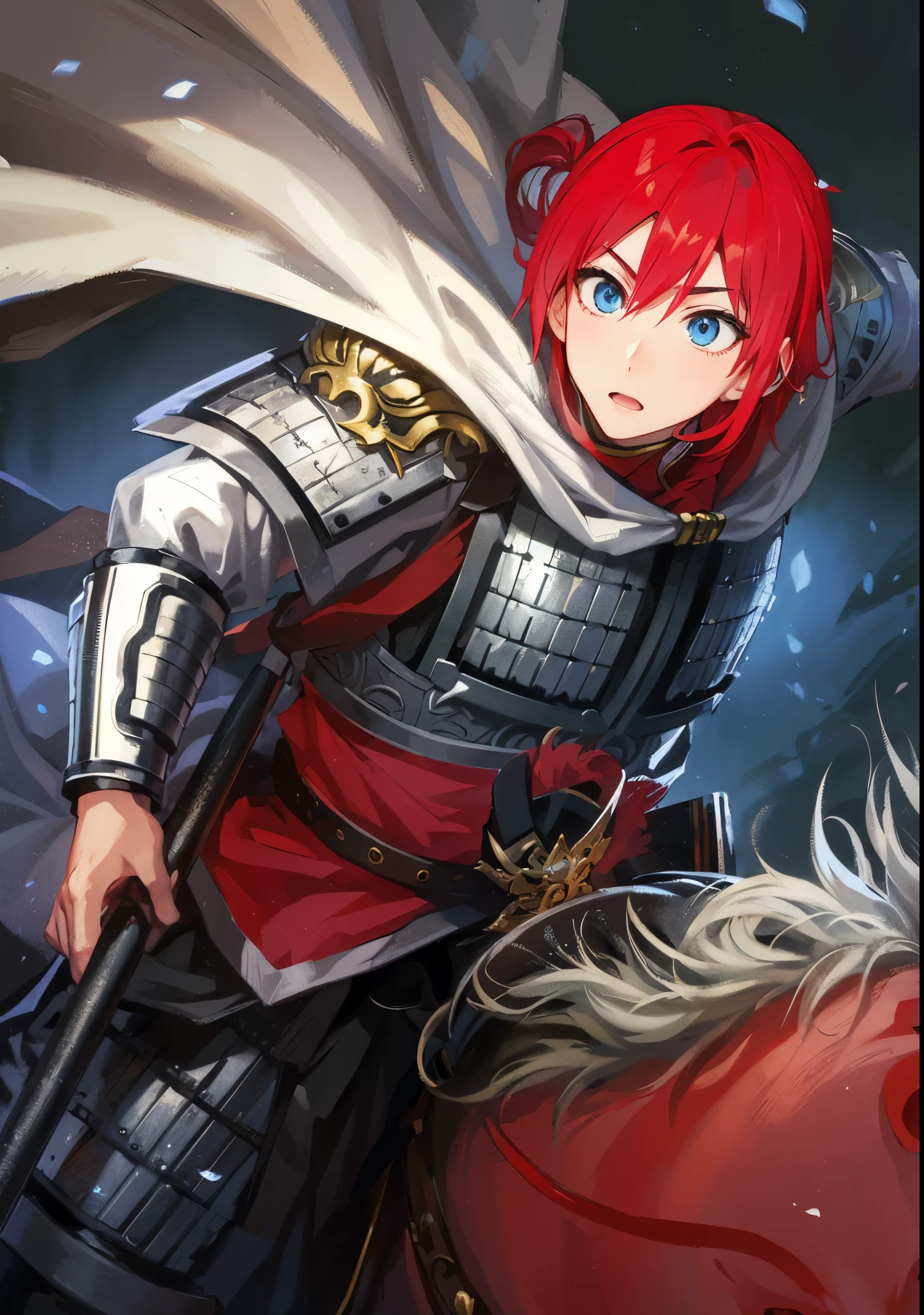 Red-haired anime character riding a red horse,手拿长枪骑着红马的handsome guy,Inspired by Zhao Yun,Inspired by the red-haired Chinese warrior Jiang Wei from Dynasty Warriors, fantasy style anime, wearing shining armor, 先进的数字动漫艺术”Anime Fantasy Artwork, Detailed anime character art, 斩妖除魔艺术中的handsome guy, shadow poetry style, wearing shining plate armor, Anime Fantasy Illustration, zero art, Anime Fantasy Artwork,Three Kingdoms style,Dynasty Warriors style,blue eyes,Red eyebrows,Dark red eyelashes,young general,Wearing a Chinese style helmet,handsome guy,Zhao Yun's helmet,The expression is slightly serious
