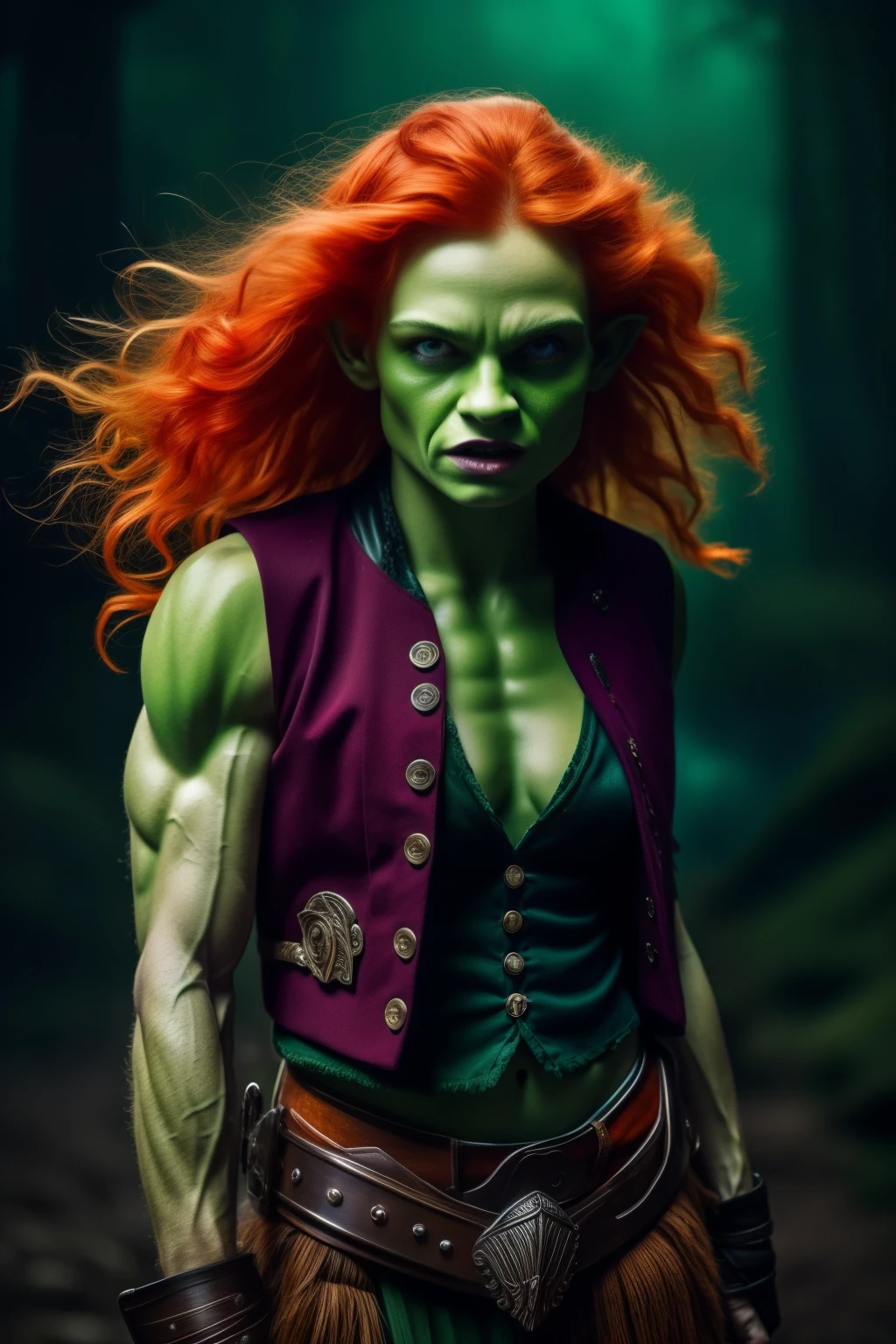 A Scottish goblin,Passion posing for bodyScape,oil painting,hyper-realistic,detailed facial features,mysterious green eyes,sharp eyebrows,sculpted nose,full lips,flowing red hair,luminous skin tone,defined muscle structure,emerald-colored kilt and vest,ferocious expression,dark and eerie background,cinematic lighting,ultra-photorealistic,high contrast,rich and vibrant colors