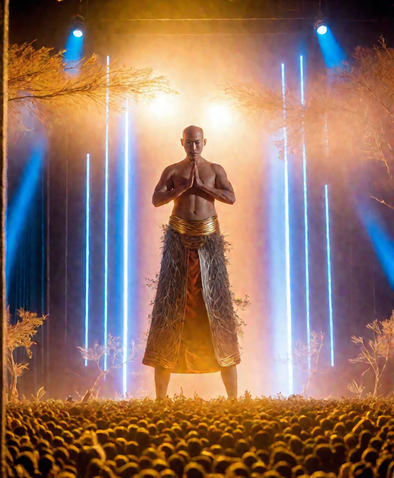 Close-up of a bald and fit Asian man standing on a brightly lit stage, Wearing lots of dry branches around the waist,projection mapping, huge hologram, Amman Electronic Music Festival,big video statue, Stunning and epic visual effects, A performance from heaven, epic scene of zeus, Film screen,