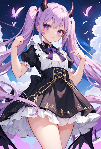 beautiful illustrations, highest quality, pretty girl,beautiful girl、clear face、 half girl、pastel colour ,purple hair、black eyes、smile、blush、にこやかなsmile、thighs、devil、black feather、fantasy、fantasy、perfect hands、five fingers、twin tails、horns on head
