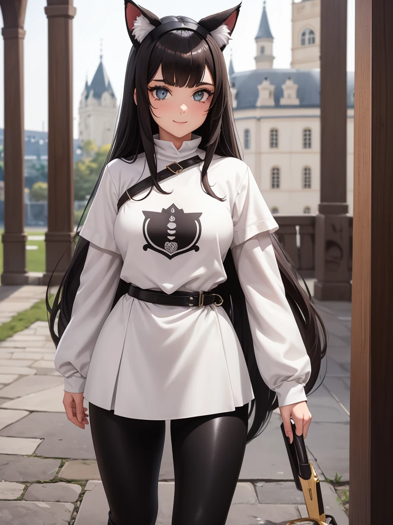 beautiful young female warrior fighter with cat ears on her head, com rosto bem detalhado e bonito, belos olhos, belos olhos, rosto lindo, beautiful young woman wearing long brown leggings with black details, sueter apertado branco, standing in a castle, usando bota preta, cabelo comprido com franja preto, ,orelhas de gato, belo sorriso, tomboy, um pouco musculosa,suter branco com cinta em volta, olhar serio,usando jaqueta de couro apertado preto, com ombreiras de prata nos ombros
