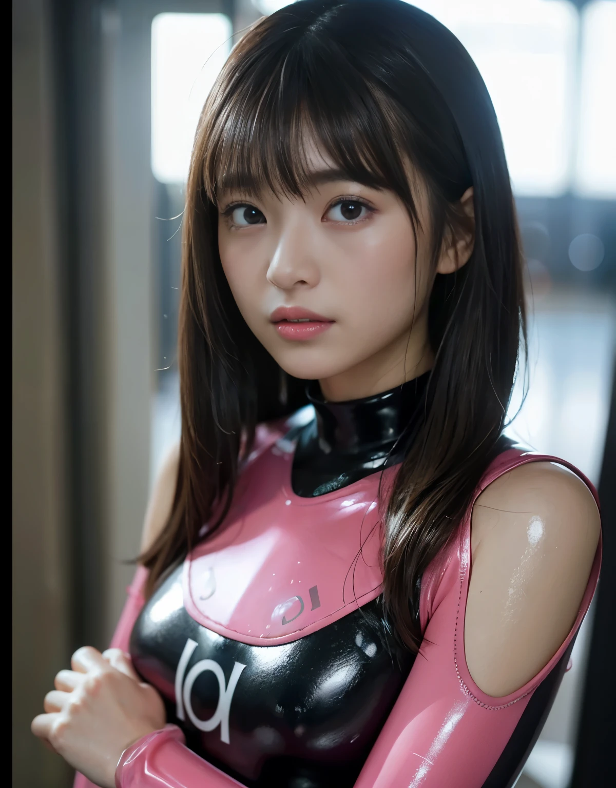 (1 girl)、highest quality、masterpiece、超A high resolution、(Photoreal:1.4)、Raw photo、1 girl、wet hair、Sweat、(Wearing a skin-tight pink wetsuit made from ultra-glossy rubber)、female scuba diver、long sleeve,、rubber diving gloves、Portrait、Shadow、octane rendering、8K、super sharp、Metal、intricate decorative details、Details on board、very intricate details、realistic light、(mysterious look)、shining eyes、towards the camera、Small LED、Close-up