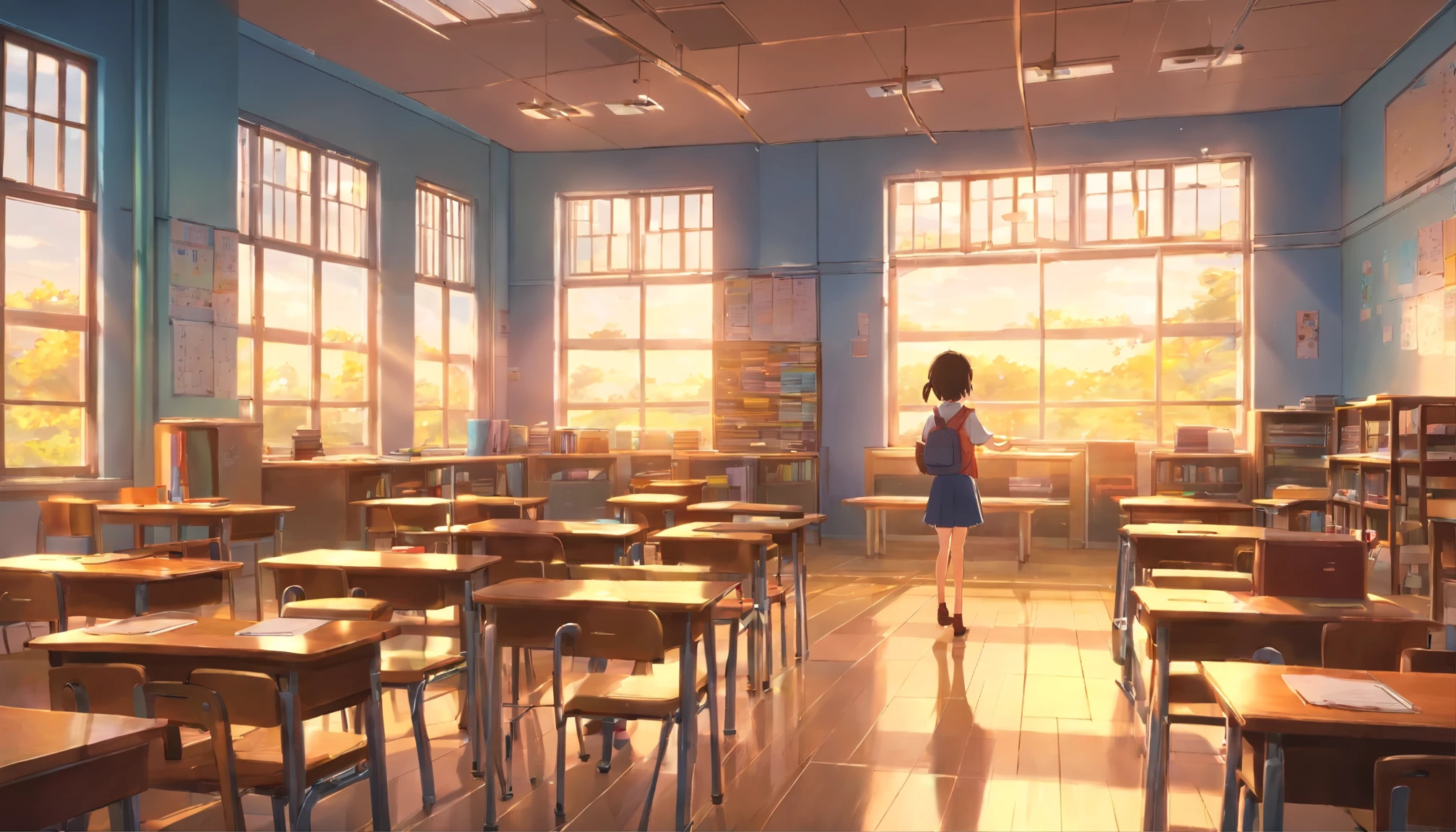 
indoor of elementary school、evening，7 year old elementary school student、Rear view、Filled with fantastic and beautiful light。High quality down to the smallest detail。High resolution、4k