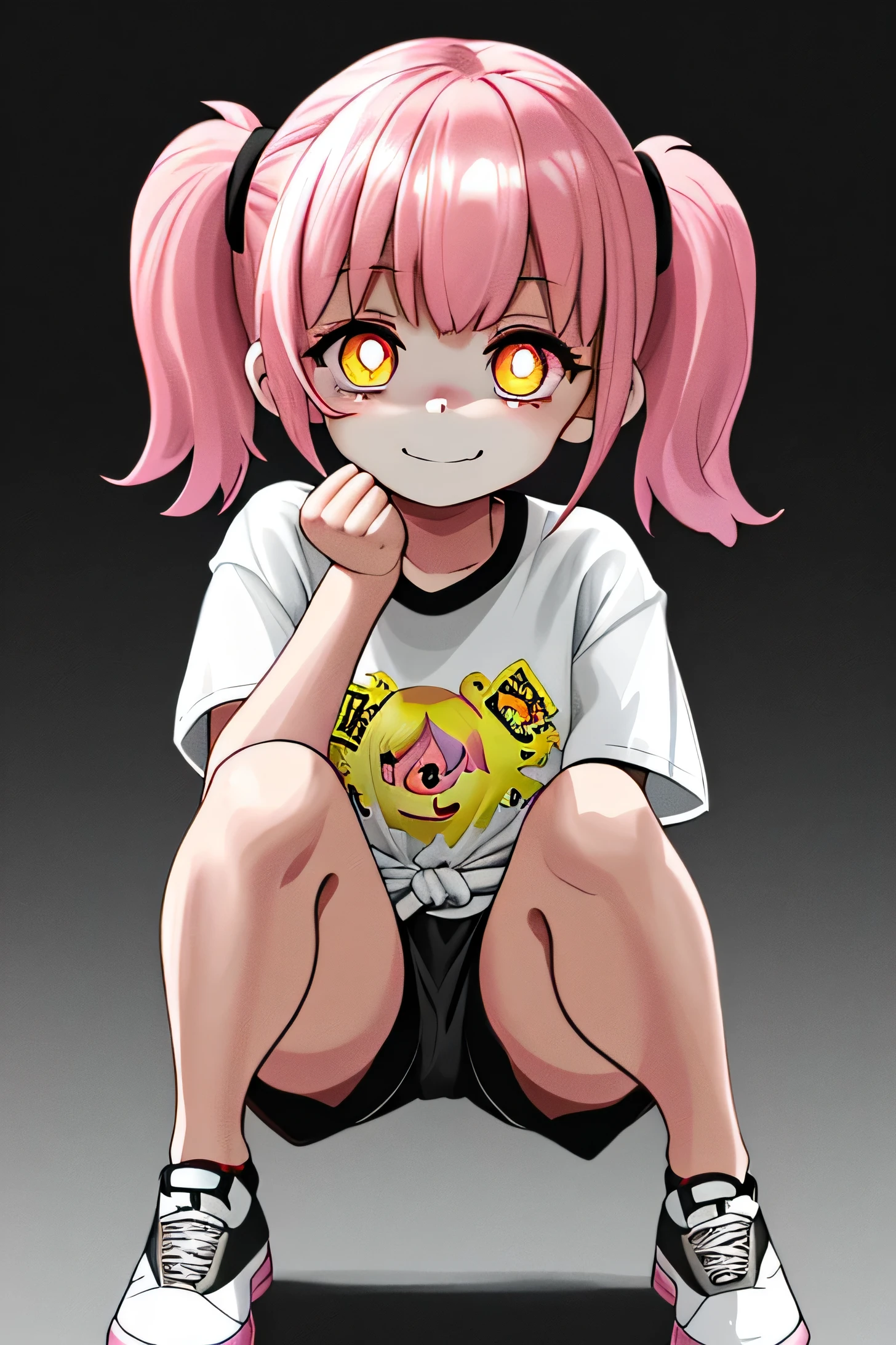 chicha  with shorts and big thighs, a white short top shirt and the letters "xxx" in the center. look like a naughty and mocking girl, pink hair with pigtails, yellow eyes and black pupils, with a pose with both hands on her waist and semi-crouched. atmosphere: her leaving a comic-con, accompanied by her mocking smile