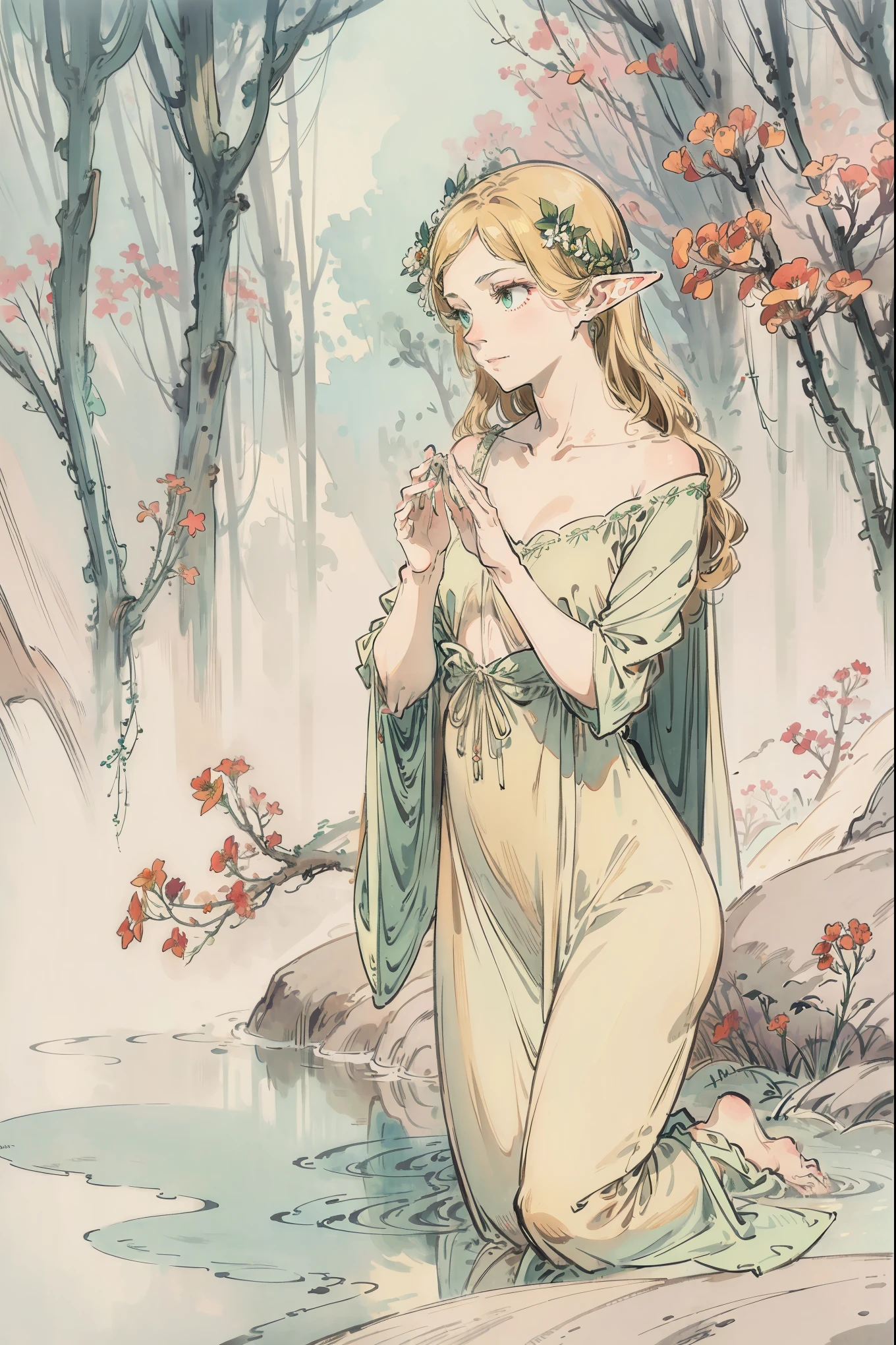 SFW,masutepiece, Best Quality, High resolution, 1girl in, Full body, Details Girl, detail hands, Detail fingers, Detail Face, detail legs, 1girl in, elf, Looking down, Flower Garden, Black sky, smog, watercolor paiting, pale skin, , Blonde hair, Long hair, Wavy Hair, saddened, mournful smile, Green eyes, tareme, medium breasts, white sundress, Bare back, Kneeling, Planting trees