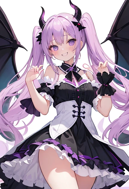 beautiful illustrations, highest quality, pretty girl,beautiful girl、clear face、 half girl、pastel colour ,purple hair、black eyes、smile、blush、にこやかなsmile、thighs、devil、black feather、fantasy、fantasy、perfect hands、five fingers、twin tails、horns on head