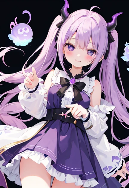 beautiful illustrations, highest quality, pretty girl,beautiful girl、clear face、 half girl、pastel colour ,purple hair、black eyes、smile、blush、にこやかなsmile、thighs、devil、black feather、fantasy、fantasy、perfect hands、five fingers、twin tails、horns on head