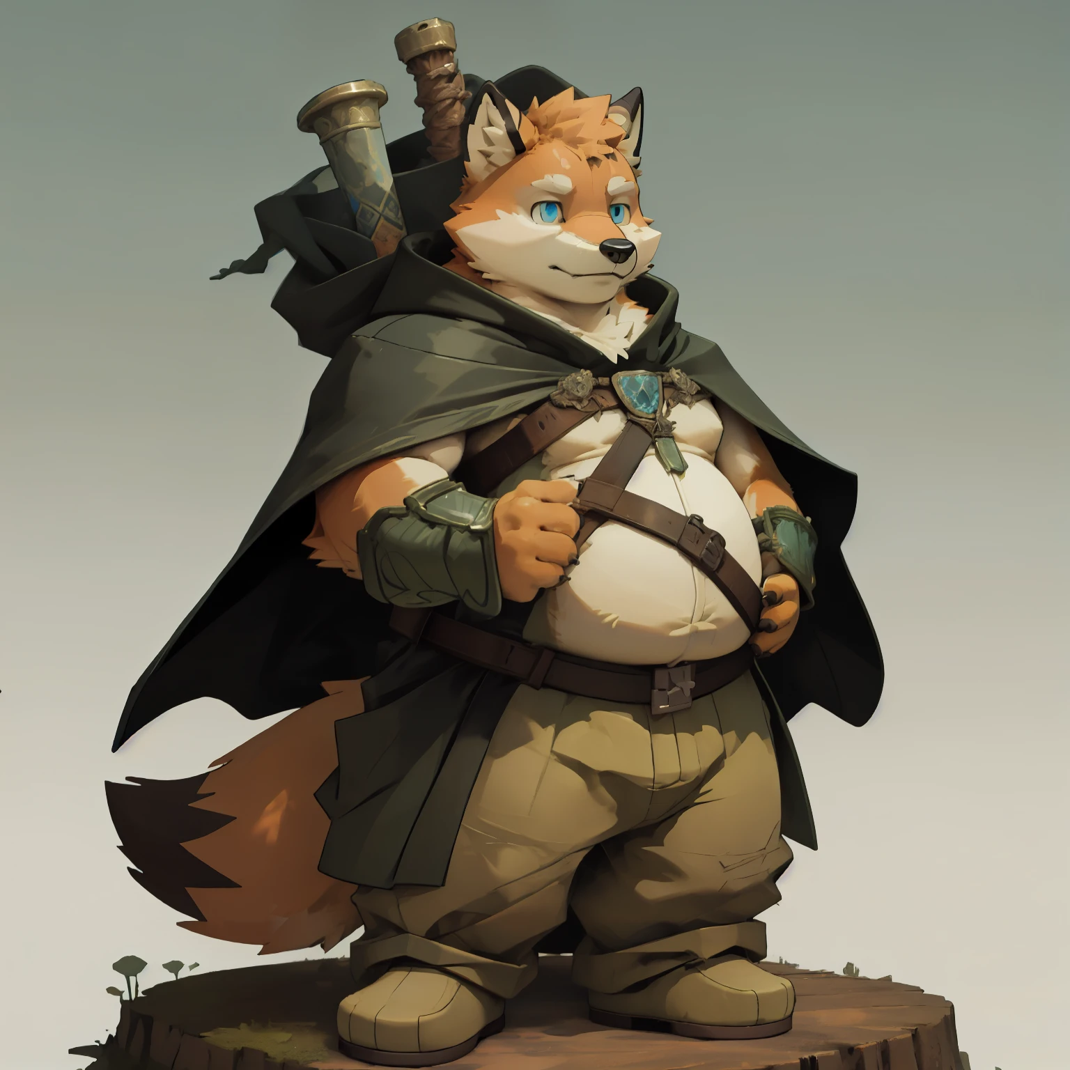 New Jersey 5 Hairy, fox，Full body portrait of an individual, male,exquisite， chubby，thick arms，Orange plush fur，Green Warrior Cloak，Brave Pants，front，stand，blue eyes，Two-handed Swordsman