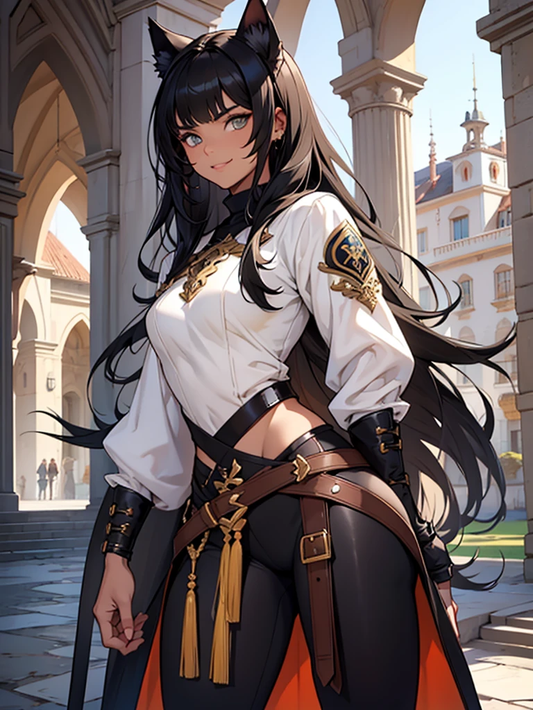 beautiful young female warrior fighter with cat ears on her head, com rosto bem detalhado e bonito, belos olhos, belos olhos, rosto lindo, beautiful young woman wearing long brown leggings with black details, sueter apertado branco, standing in a castle, usando bota preta, cabelo comprido com franja preto, ,orelhas de gato, belo sorriso, tomboy, um pouco musculosa,suter branco com cinta em volta, olhar serio,usando jaqueta de couro apertado preto, com ombreiras de prata nos ombros