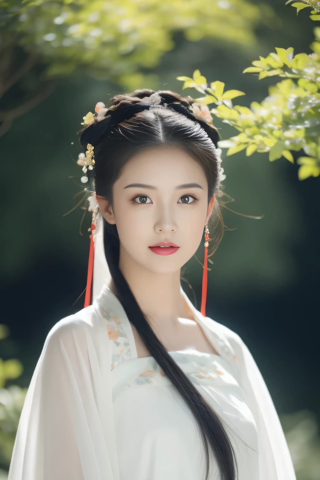 in the sun, Hanfu women, white hanfu, Upper body portrait photo, hairpin, bun, fringe hair accessories, green trees, clear sky, bridge overhang, fantastic, Bouguereau reports, Popular topics on artstationh, Exquisite facial features style, close-up photo style, 8K, HD, upscale, sense of reality, First-person perspective, Positive face，looking at the audience