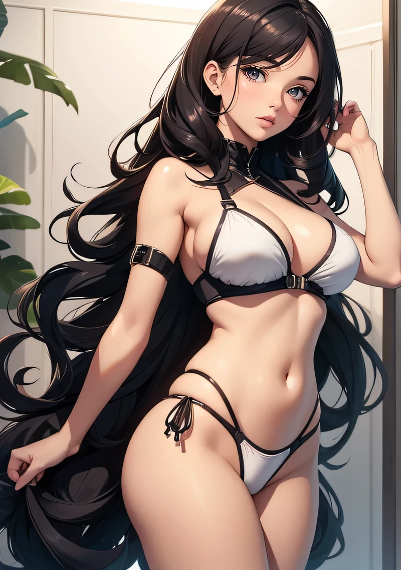 high resolution,1 girl, masterpiece, very detailed, figure, game CG, disorganized, high quality, medium breasts, black hair, lightly curled hair, glossy lips, looking at the viewer, lips parted, white bold swimwear, cleavage,