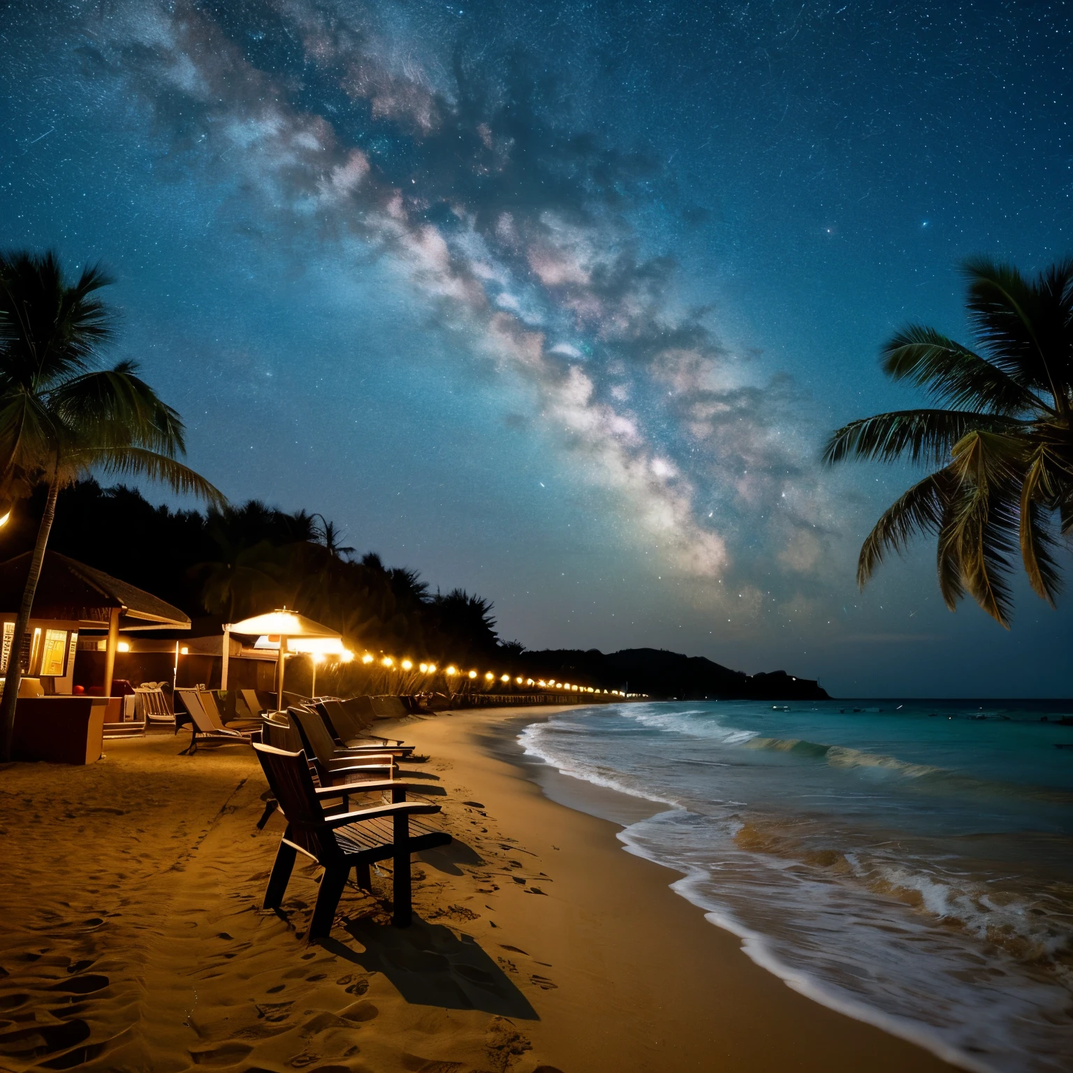 sandy beach at night，Chair，resort，starry sky、landscape