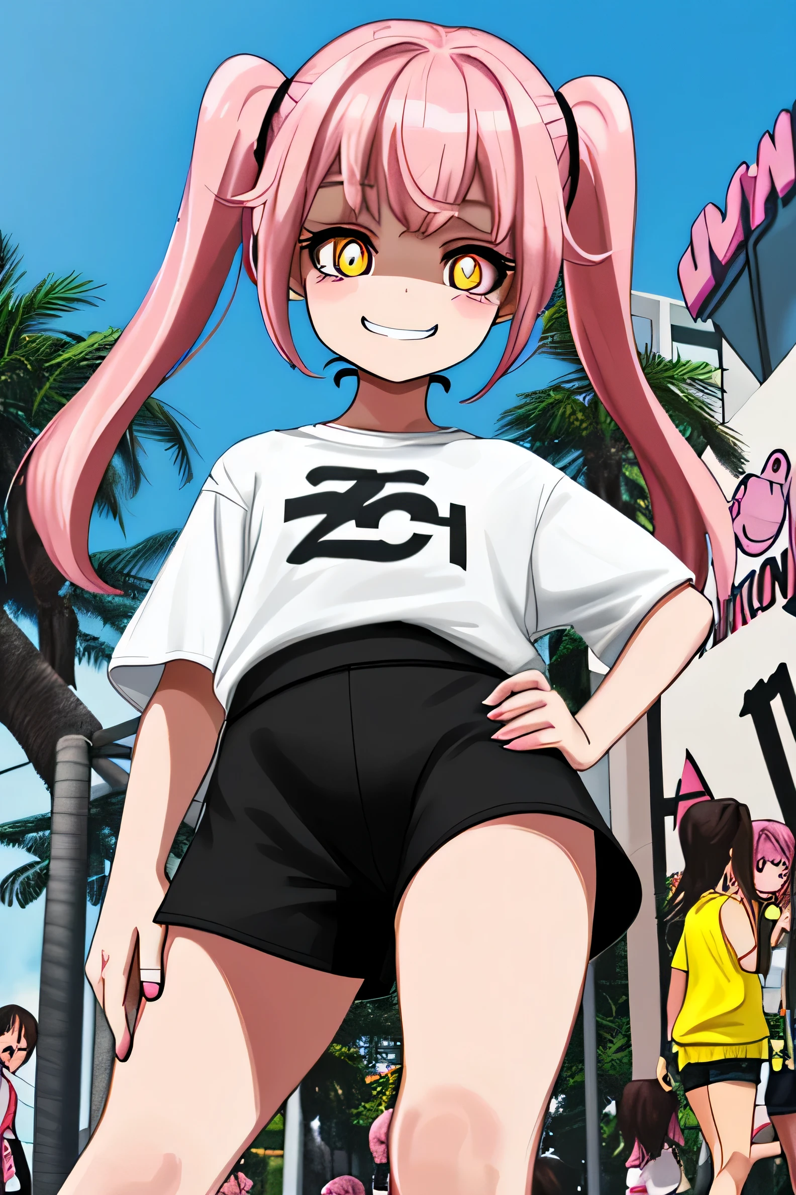chicha with shorts and big thighs, a white short top shirt and the letters "xxx" in the center. look like a naughty and mocking girl, pink hair with pigtails, yellow eyes and black pupils, with a pose with both hands on her waist and semi-crouched. atmosphere: her leaving a comic-con, accompanied by her mocking smile