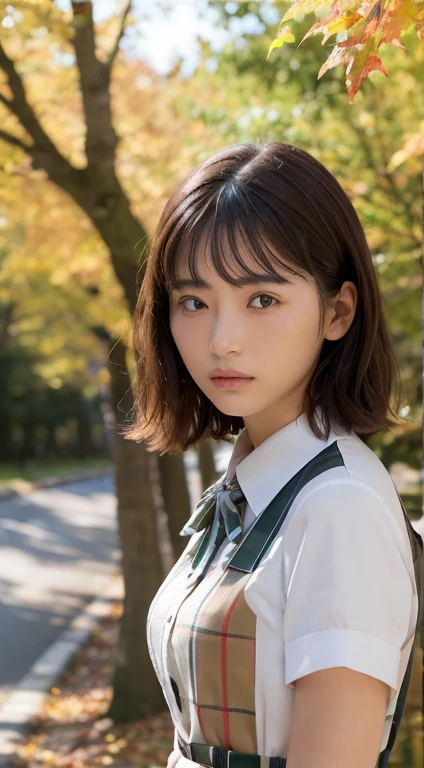 ((highest quality, 8K, masterpiece :1.3)), 1 girl, Slender pretty woman :1.3, (brown hair, shortcut, small breasts:1.2), Burberry checked collared shirt, super detailed face, Highly detailed eye resolution, double eyelid、Bulge cheeks、Low - Angle、(layer cut、shaggy、Hair on my cheeks)、Tree-lined avenue in autumn、skirt、Downcast gaze、depressed look