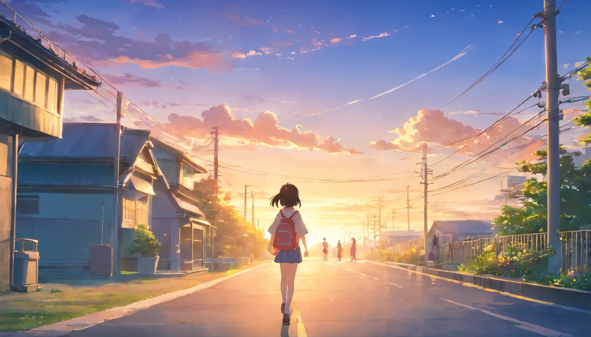 Elementary schools in Japan、campus、outdoor、ground、 waving、raise your right hand、evening,7 year old elementary school student、Rear view、many children in the distance、Filled with fantastic and beautiful light。High quality down to the smallest detail。High resolution、4k