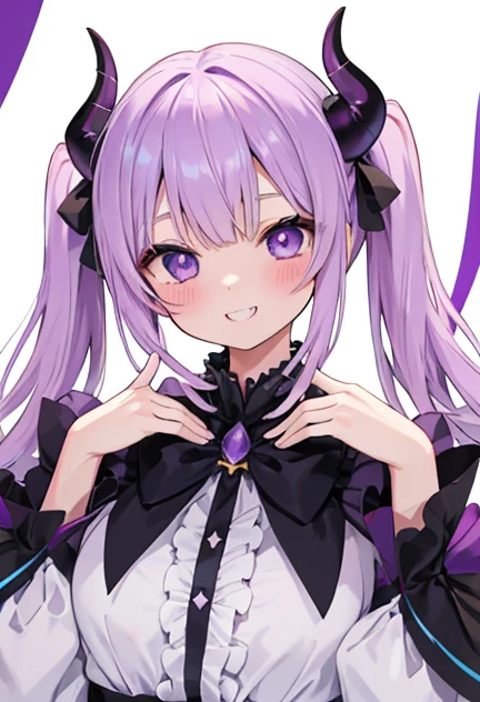 beautiful illustrations, highest quality, pretty girl,beautiful girl、clear face、 half girl、pastel colour ,purple hair、black eyes、smile、blush、にこやかなsmile、thighs、devil、black feather、fantasy、fantasy、perfect hands、five fingers、twin tails、horns on head、double teeth