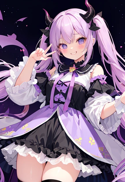 beautiful illustrations, highest quality, pretty girl,beautiful girl、clear face、 half girl、pastel colour ,purple hair、black eyes、smile、blush、にこやかなsmile、thighs、devil、black feather、fantasy、fantasy、perfect hands、five fingers、twin tails、horns on head、double teeth