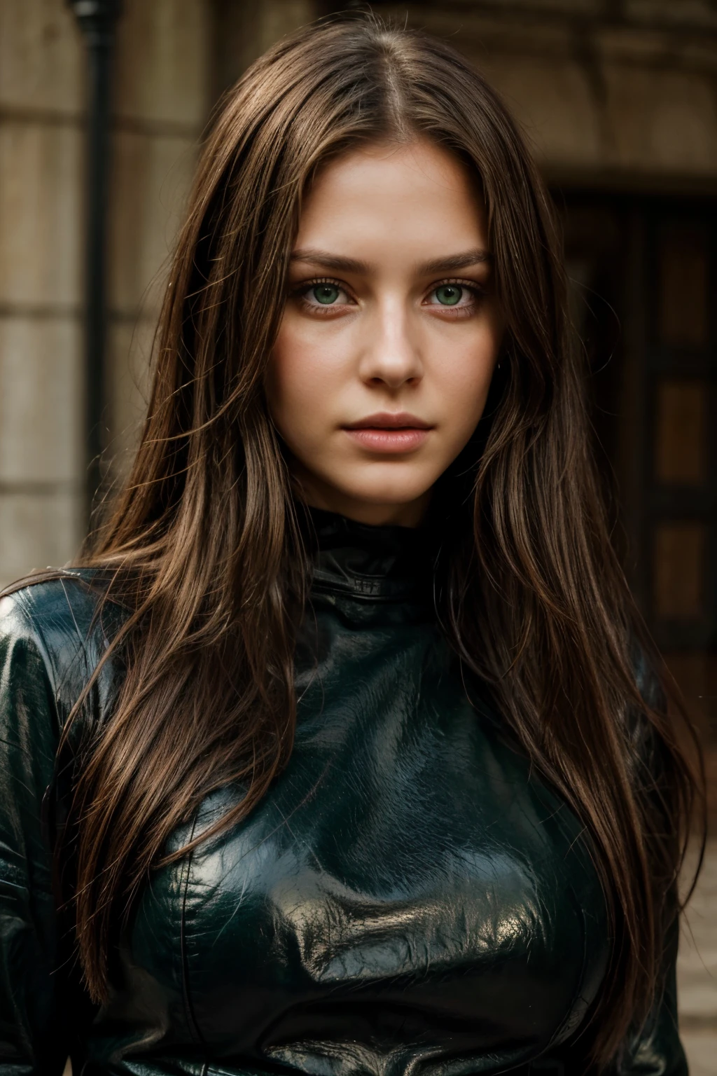 realistic photo of a girl, green eyes, long hair, looks straight into the camera, full face, beautiful, ultra textured leather, perfect face