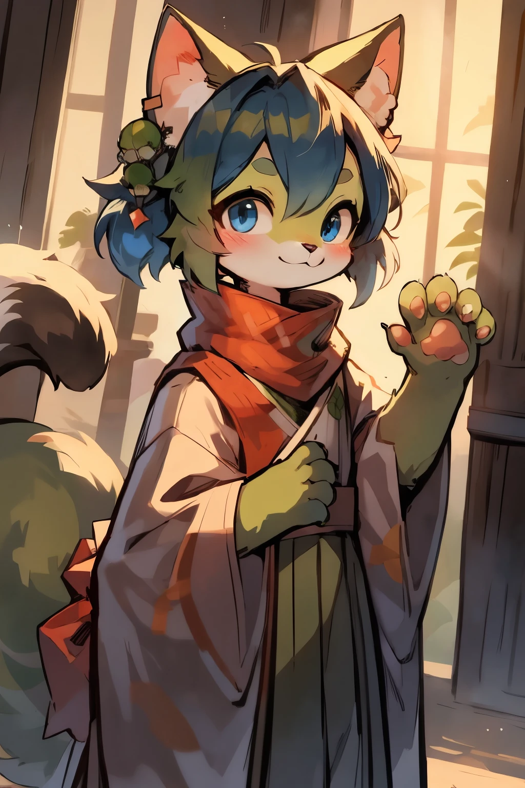 cat, Matcha green fur, furry, big tail, Hirsutistic, Big royal blue eyes, big ear, White stripe on left ear, standing posture, tilt head, cute, flat illustration, Matcha green, green, cat paw, animal ears, cat ears, light smile, front, high quality, super detail, 1.6meters tall
