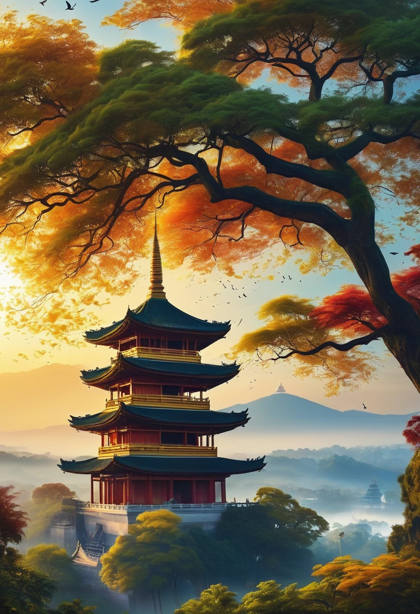 (best quality,4k,8k,highres,masterpiece:1.2), vibrant colors,ephemeral lighting,photorealistic:1.37,breathtaking landscape,stunning nature,idyllic scenery,serene atmosphere,tranquil ambiance,ethereal beauty
Explanation:
- The big tree: The main subject of the artwork is a large and majestic tree. It should be well-detailed and visually captivating.
- some birds in the sky: There should be birds flying in the sky, depicting a sense of freedom and liveliness.
- golden pagoda near the tree: Adjacent to the tree, there is a beautiful pagoda with a golden hue. It adds a touch of elegance and cultural richness to the scene.
- (best quality,4k,8k,highres,masterpiece:1.2): The image should be of the highest quality, with exquisite details and suitable for large-scale display or printing. The prompt also highlights the aspiration for the artwork to be a masterpiece.
- vibrant colors: The artwork should have vivid and saturated colors, creating an energetic and eye-catching visual impact.
- ephemeral lighting: The lighting in the scene should have a soft and ethereal quality, casting gentle shadows and enhancing the overall atmosphere of the artwork.
- photorealistic:1.37: The image should appear realistic and lifelike, resembling a photograph. The addition of the specific strength value 1.37 emphasizes the desire for a higher level of photorealism.
- breathtaking landscape: The overall scene should evoke a sense of awe and wonder, showcasing a stunning landscape.
- stunning nature: The natural elements within the artwork, such as the tree and birds, should exude beauty and captivate the viewer.
- idyllic scenery: The scene should depict a peaceful and picturesque setting, creating a serene and harmonious ambiance.
- tranquil ambiance: The artwork should convey a sense of tranquility and calmness, inviting the viewer to immerse themselves in the serene atmosphere.
- ethereal beauty: The overall aesthetic of the artwork should have a dreamlike and otherworldly beauty, captiva