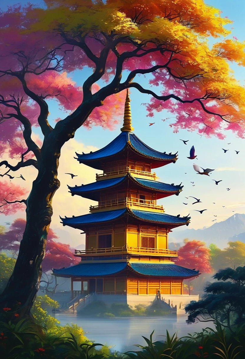 (best quality,4k,8k,highres,masterpiece:1.2), vibrant colors,ephemeral lighting,photorealistic:1.37,breathtaking landscape,stunning nature,idyllic scenery,serene atmosphere,tranquil ambiance,ethereal beauty
Explanation:
- The big tree: The main subject of the artwork is a large and majestic tree. It should be well-detailed and visually captivating.
- some birds in the sky: There should be birds flying in the sky, depicting a sense of freedom and liveliness.
- golden pagoda near the tree: Adjacent to the tree, there is a beautiful pagoda with a golden hue. It adds a touch of elegance and cultural richness to the scene.
- (best quality,4k,8k,highres,masterpiece:1.2): The image should be of the highest quality, with exquisite details and suitable for large-scale display or printing. The prompt also highlights the aspiration for the artwork to be a masterpiece.
- vibrant colors: The artwork should have vivid and saturated colors, creating an energetic and eye-catching visual impact.
- ephemeral lighting: The lighting in the scene should have a soft and ethereal quality, casting gentle shadows and enhancing the overall atmosphere of the artwork.
- photorealistic:1.37: The image should appear realistic and lifelike, resembling a photograph. The addition of the specific strength value 1.37 emphasizes the desire for a higher level of photorealism.
- breathtaking landscape: The overall scene should evoke a sense of awe and wonder, showcasing a stunning landscape.
- stunning nature: The natural elements within the artwork, such as the tree and birds, should exude beauty and captivate the viewer.
- idyllic scenery: The scene should depict a peaceful and picturesque setting, creating a serene and harmonious ambiance.
- tranquil ambiance: The artwork should convey a sense of tranquility and calmness, inviting the viewer to immerse themselves in the serene atmosphere.
- ethereal beauty: The overall aesthetic of the artwork should have a dreamlike and otherworldly beauty, captiva