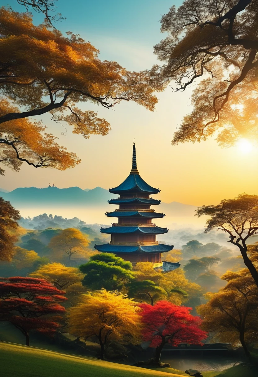(best quality,4k,8k,highres,masterpiece:1.2), vibrant colors,ephemeral lighting,photorealistic:1.37,breathtaking landscape,stunning nature,idyllic scenery,serene atmosphere,tranquil ambiance,ethereal beauty
Explanation:
- The big tree: The main subject of the artwork is a large and majestic tree. It should be well-detailed and visually captivating.
- some birds in the sky: There should be birds flying in the sky, depicting a sense of freedom and liveliness.
- golden pagoda near the tree: Adjacent to the tree, there is a beautiful pagoda with a golden hue. It adds a touch of elegance and cultural richness to the scene.
- (best quality,4k,8k,highres,masterpiece:1.2): The image should be of the highest quality, with exquisite details and suitable for large-scale display or printing. The prompt also highlights the aspiration for the artwork to be a masterpiece.
- vibrant colors: The artwork should have vivid and saturated colors, creating an energetic and eye-catching visual impact.
- ephemeral lighting: The lighting in the scene should have a soft and ethereal quality, casting gentle shadows and enhancing the overall atmosphere of the artwork.
- photorealistic:1.37: The image should appear realistic and lifelike, resembling a photograph. The addition of the specific strength value 1.37 emphasizes the desire for a higher level of photorealism.
- breathtaking landscape: The overall scene should evoke a sense of awe and wonder, showcasing a stunning landscape.
- stunning nature: The natural elements within the artwork, such as the tree and birds, should exude beauty and captivate the viewer.
- idyllic scenery: The scene should depict a peaceful and picturesque setting, creating a serene and harmonious ambiance.
- tranquil ambiance: The artwork should convey a sense of tranquility and calmness, inviting the viewer to immerse themselves in the serene atmosphere.
- ethereal beauty: The overall aesthetic of the artwork should have a dreamlike and otherworldly beauty, captiva