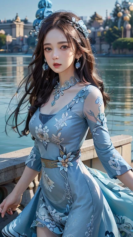 1 girl, good face, Innocent mood, ultra long hair, fine eyes, lip details, medium breasts, blue clothes, (ornament:1.5), (floral dress :1.5), Taking photos by the lake, ultra realistic realism, Color Field Printing, advanced details, hyper hd, cinematic lighting, 4K quality,