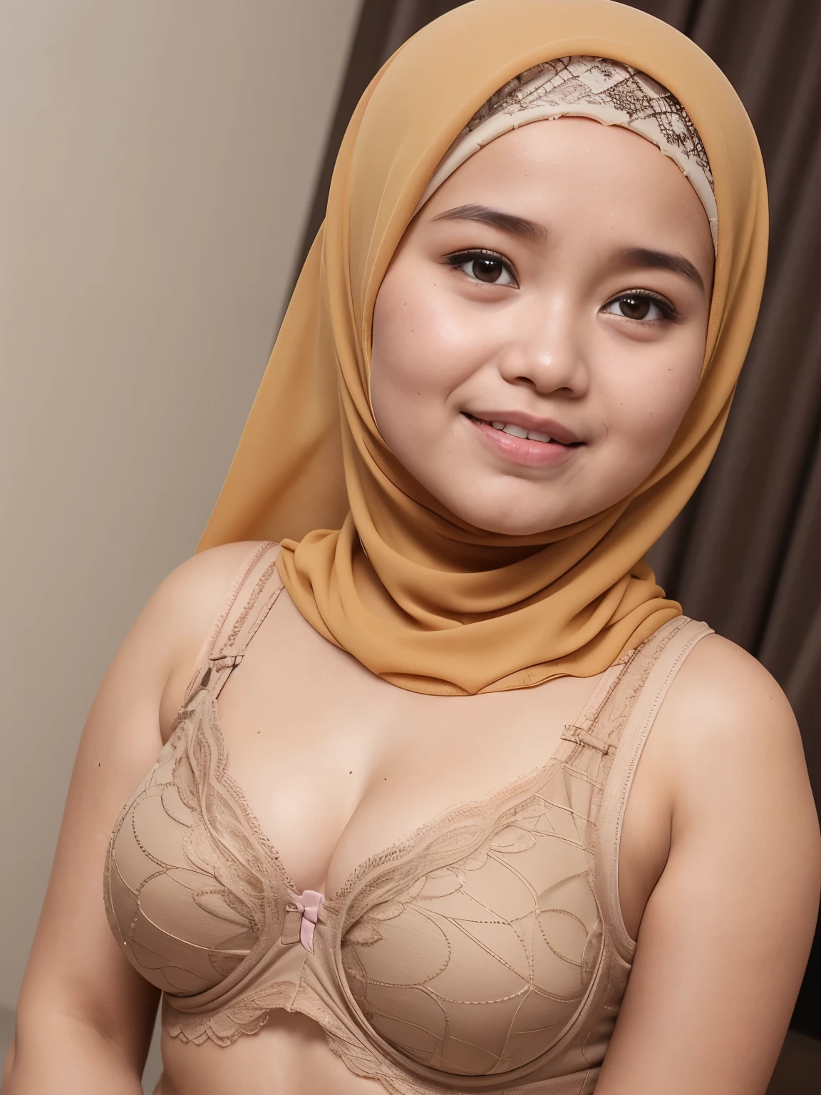 ((Open mouth)), Naked singlet (((HIJAB MALAY GIRL))), masutepiece, High quality, UHD 32K, Realistic face, Realistic skin feeling , A Japanese Lady, , , Very cute and baby-like face, (((FLAT CHEST))), (MATRIX WORLD), ((look In front at the camera and SADNESS)), ((())), (((CUTE GIRL))), ((BROWN LIPS)), ((LIGHT BROWN FLUORESCENT LACE)), ((CHUBBY)), (undress, bra