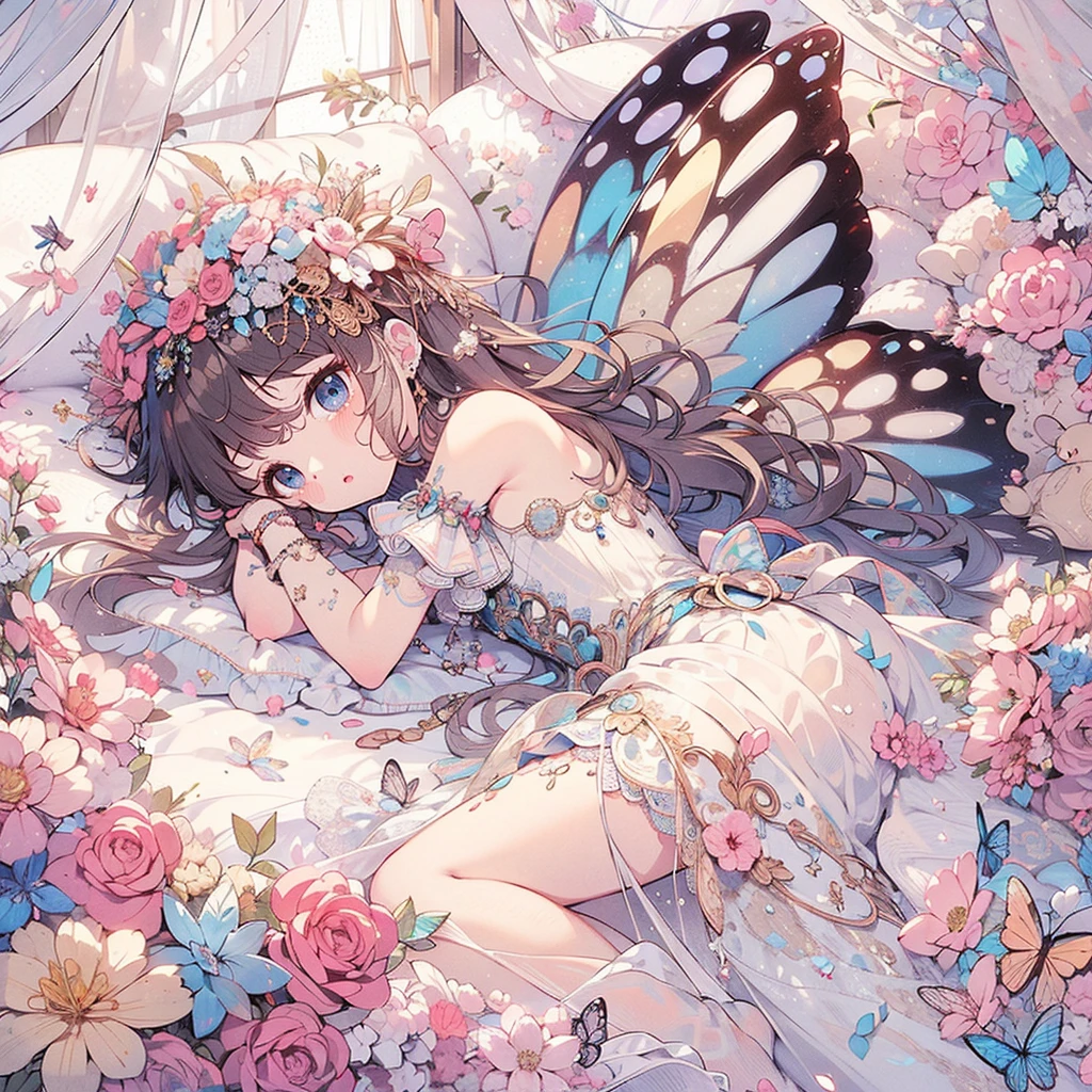 (exquisite, beautiful, very detailed, masterpiece, high quality,High resolution),(Soft thin lines:1.2, beautiful, Delicate and cute face), (Butterfly-like fairy wings growing from her back),from a little far away,body whole,night,Fairy princess lying on stuffed toy, Luxury bed in a luxurious room.,downward,lots of flowers,Hanabubuki,indoor,(diamond tiara, earrings, necklace), ((Gorgeous pastel ball gown dress:1.1, Balloon sleeves,gem, ribbon, lace and ruffles, 背中からbeautiful妖精の羽)), (light pink blush, plump pink lips,big bust,Fair skin, good style),