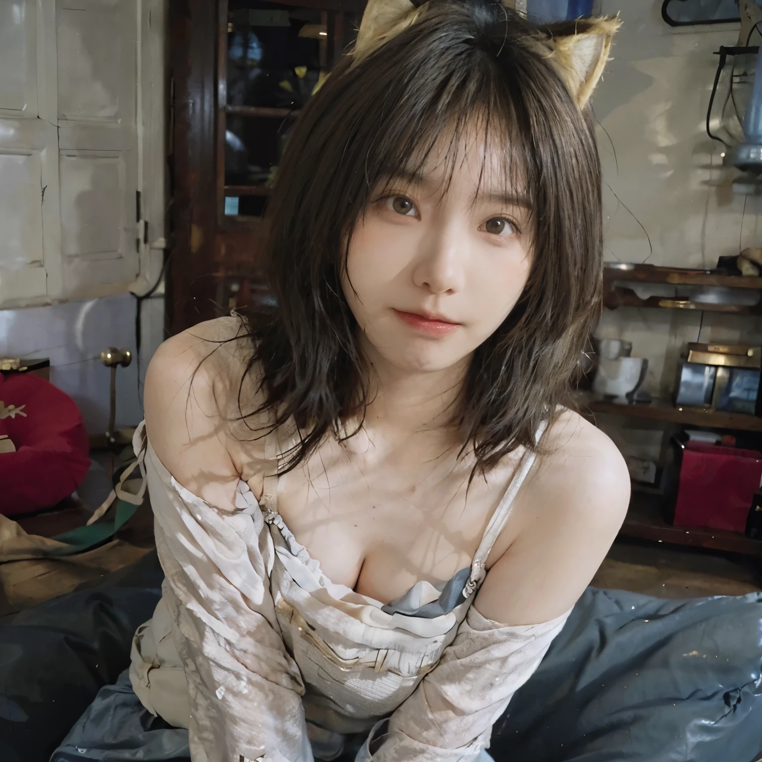 8K、(cute pose)、((underwear))、(((blonde))) 、smaller head、highest quality, high resolution, (realism: 1.4), original photo, (real skin texture: 1.3), (film grain: 1.3), beautiful eyes and face details, highest quality, full body、bob cut、18-year-old、(((Golden cat ears)))