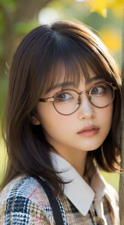 ((highest quality, 8K, masterpiece :1.3)), 1 girl, Slender pretty woman :1.3, (brown hair, shortcut, small breasts:1.2), Burberry checked collared shirt, super detailed face, Highly detailed eye resolution, double eyelid、Bulge cheeks、Low - Angle、(layer cut、shaggy、Hair on my cheeks)、Tree-lined avenue in autumn、skirt、Downcast gaze、depressed look、((round glasses))