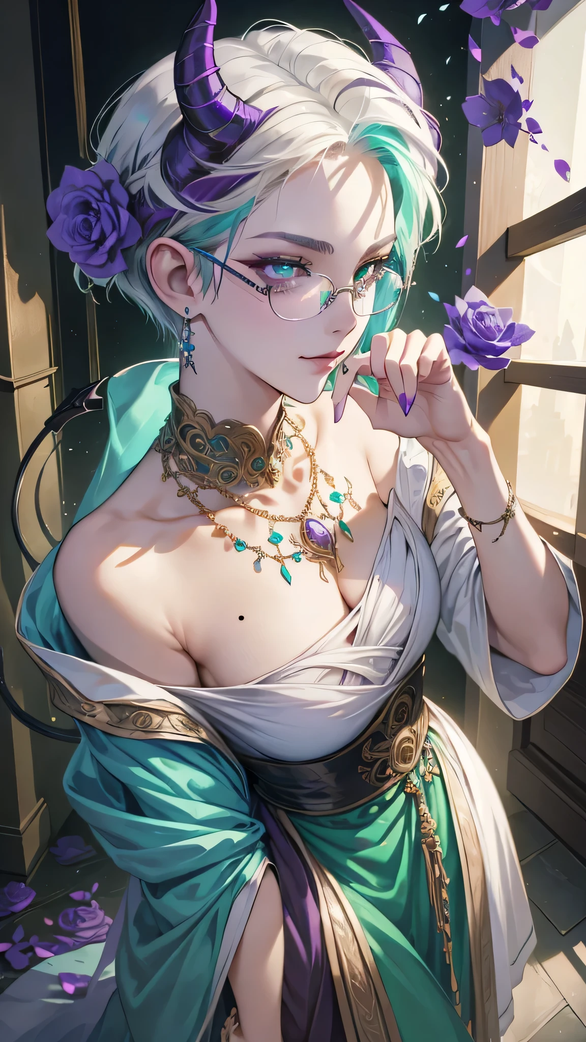 8k, masterpiece, best quality, highly detailed, 1girl, tiefling, multicolored hair, very short straight hair green highlight hair on white hair, strippled hair, wearing glasses, earrings, necklace, mole, glowing green eyes, glamorous, aristocrat, high heels, palace, roses, purple and teal dress, villainy, smirk, seductive pose, close up view, rings, looking at viewer, demon horns, standing, vintage, rich, garment.