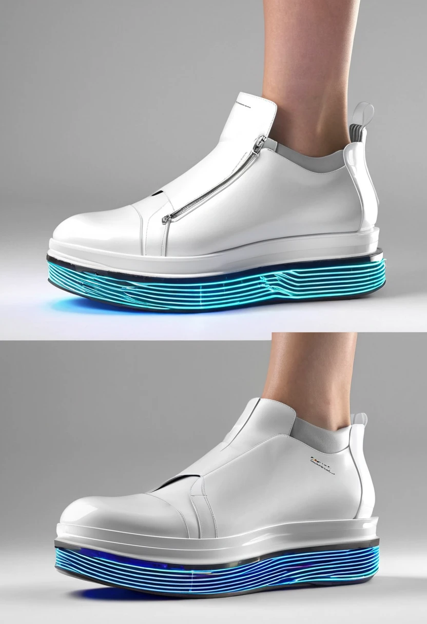 Create super technological futuristic shoes that project a path to follow like a line