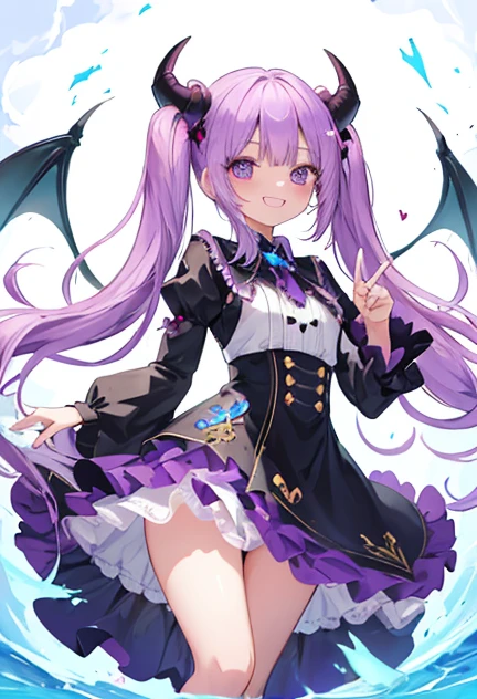 beautiful illustrations, highest quality, pretty girl,beautiful girl、clear face、 half girl、pastel colour ,purple hair、black eyes、smile、blush、にこやかなsmile、thighs、devil、小devil、black feather、fantasy、fantasy、perfect hands、five fingers、twin tails、horns on head、double teeth