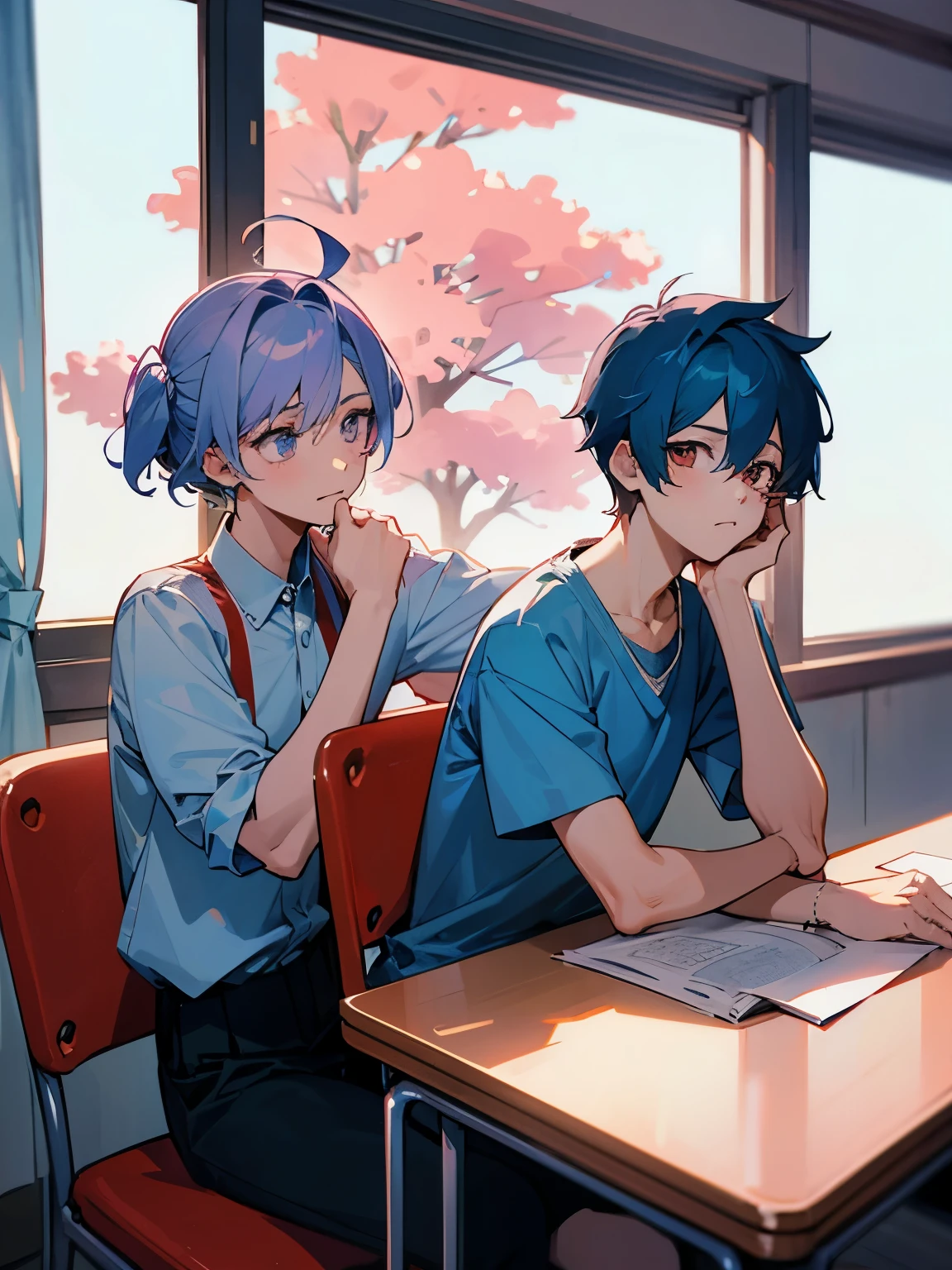 cartoon of two boys sitting at a table with a book and a backpack, ddlc, in the art style of 8 0 s anime, 9 0 s anime style, 90s anime style, in anime style, in an anime style, anime aesthetic, anime vibes, 9 0 s anime aesthetic, 9 0 s anime art style, lofi boy, typical anime classroom, beautiful background window, two cute boys, beautiful faces, two boys, don't extra hands, NO extra hands, generate two boys with NO extra hands, NO extra arm