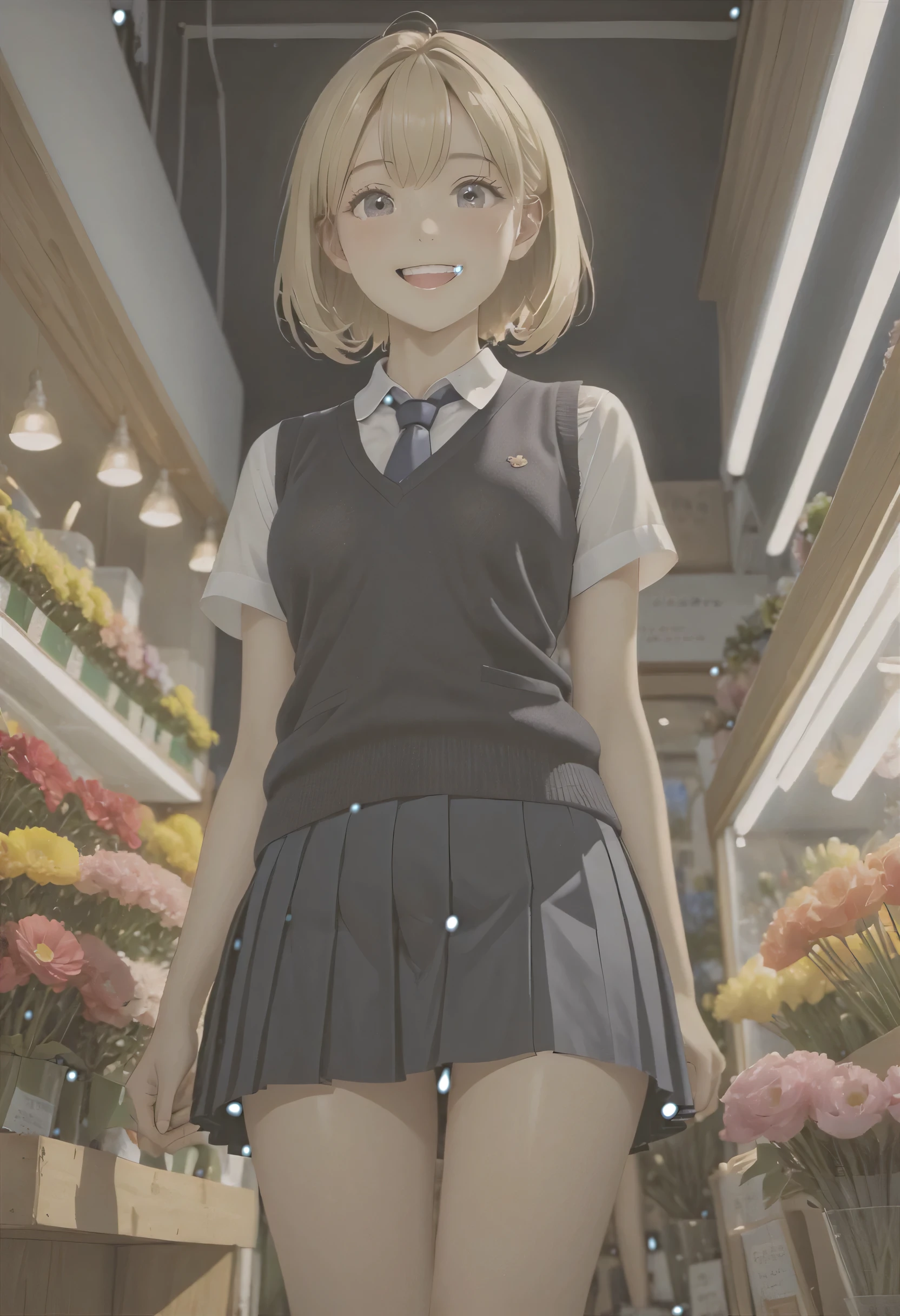 (masterpiece:1.2, best quality), (actual, photoactual:1.4), Beautiful illustration, (natural side lighting, movie lighting), writing border depth,
looking at the audience, (Face focus, Upper body), Front view, 1 girl, English, high school girls, 15 years old, perfect face, cute symmetrical face, shiny skin,
(bob hair:1.7,Blonde), Asymmetric bangs, big eyes, droopy eyes, Long eyelashes chest), thin,
beautiful hair, pretty face, Eyes are thin and beautiful, Beautiful collarbone, Beautiful body, beautiful , Beautiful thighs, beautiful feet, beautiful fingers,
((Fabric texture is delicate, Brown knitted vest, Short sleeve white collar shirt, Navy pleated skirt, Navy tie)),
(Beautiful scenery), night, (Inside the flower shop), standing, (Smile, Upper grades, open mouth), (from below:1.5),(low visibility:1.5), (((No, genitals visible)))