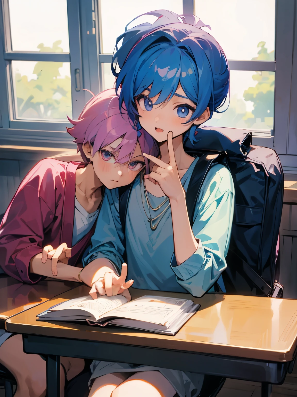 cartoon of two boys sitting at a table with a book and a backpack, ddlc, in the art style of 8 0 s anime, 9 0 s anime style, 90s anime style, in anime style, in an anime style, anime aesthetic, anime vibes, 9 0 s anime aesthetic, 9 0 s anime art style, lofi boy, typical anime classroom, beautiful background window, two cute boys, beautiful faces, two boys, don't extra hands, NO extra hands, generate two boys with NO extra hands, NO extra arm