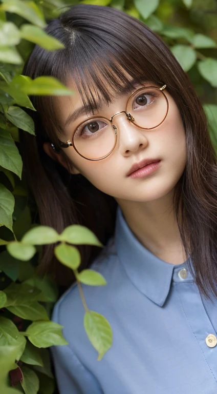 there is a woman with glasses standing next to a plant, next to a plant, lofi portrait, covered in plants, high quality portrait, xintong chen, cover photo portrait of du juan, inspired by Li Fangying, li zixin, inspired by Ye Xin, low quality photo, louise zhang, photo taken with canon 5d, enviromental portrait, wenfei ye