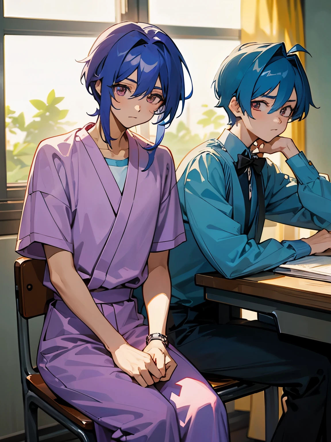 cartoon of two boys sitting at a table with a book and a backpack, ddlc, in the art style of 8 0 s anime, 9 0 s anime style, 90s anime style, in anime style, in an anime style, anime aesthetic, anime vibes, 9 0 s anime aesthetic, 9 0 s anime art style, lofi boy, typical anime classroom, beautiful background window, two cute boys, beautiful faces, two boys, don't extra hands, NO extra hands, generate two boys with NO extra hands, NO extra arm