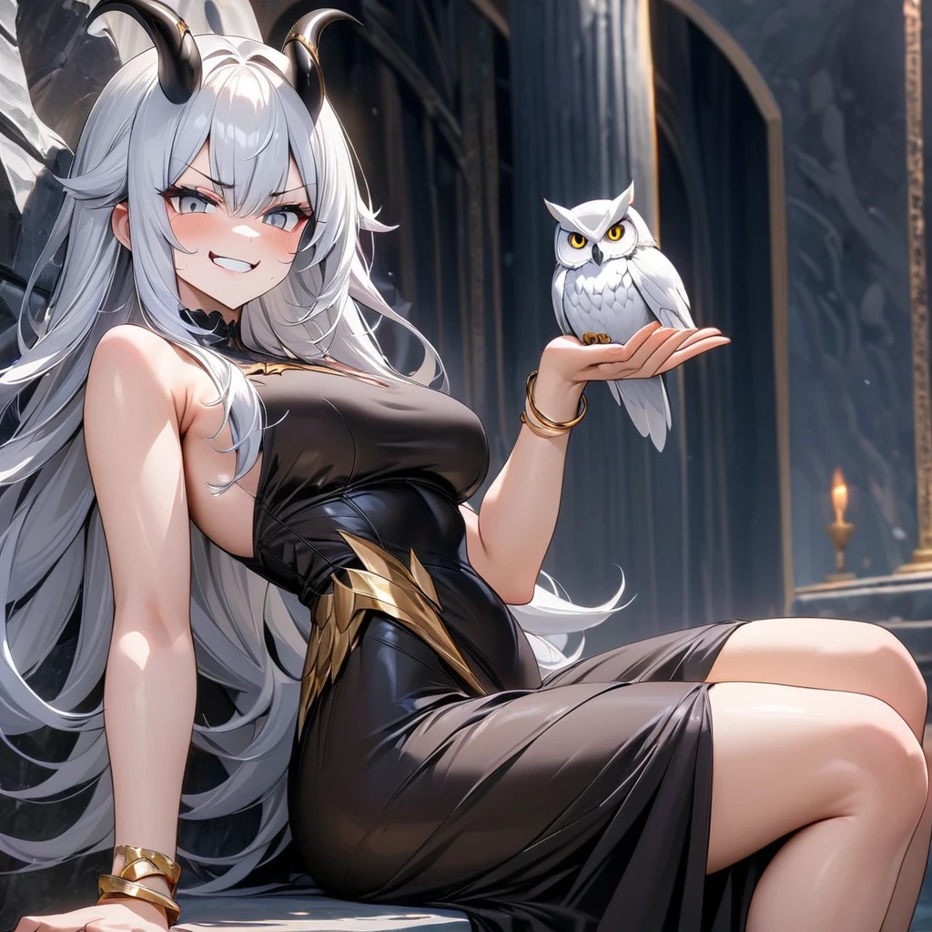 Masterpiece, Improved quality, High quality, Good anatomy, Well-formed hands, Healthy body, Intact fingers, Normal digits, 4k quality image, girl, horns, owl wings, sleeveless black dress, white hair, long back hair, she grinning, she have angry face, gold bracelet on both hands, animal white owl, animal black snake, animal grey wolf, she sit on the huge stone throne