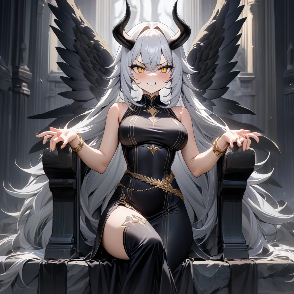 Masterpiece, Improved quality, High quality, Good anatomy, Well-formed hands, Healthy body, Intact fingers, Normal digits, 4k quality image, girl, horns, owl wings, sleeveless black dress, white hair, long back hair, she grinning, she have angry face, gold bracelet on both hands, animal white owl, animal black snake, animal grey wolf, she sit on the huge stone throne