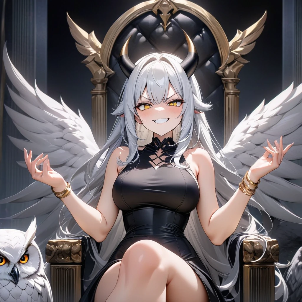 Masterpiece, Improved quality, High quality, Good anatomy, Well-formed hands, Healthy body, Intact fingers, Normal digits, 4k quality image, girl, horns, owl wings, sleeveless black dress, white hair, long back hair, she grinning, she have angry face, gold bracelet on both hands, animal white owl, animal black snake, animal grey wolf, she sit on the huge stone throne