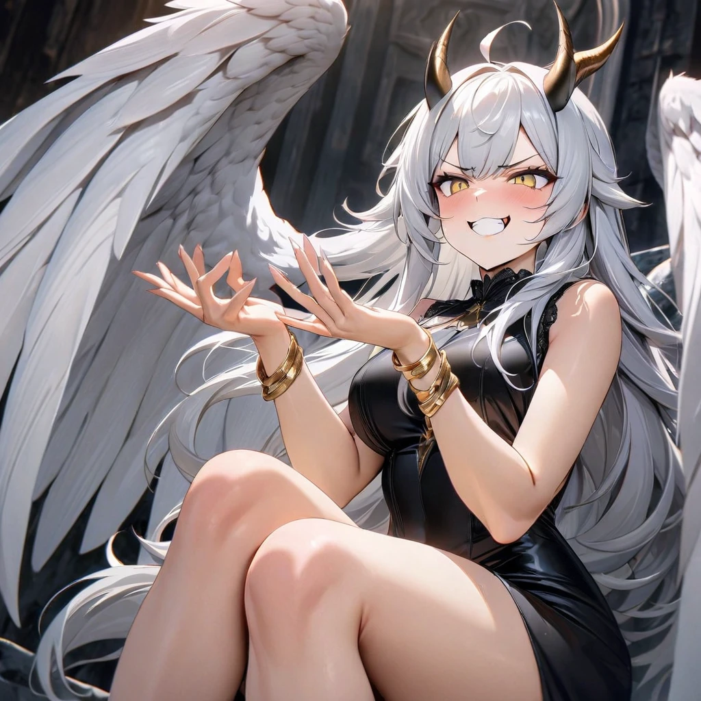 Masterpiece, Improved quality, High quality, Good anatomy, Well-formed hands, Healthy body, Intact fingers, Normal digits, 4k quality image, girl, horns, owl wings, sleeveless black dress, white hair, long back hair, she grinning, she have angry face, gold bracelet on both hands, animal white owl, animal black snake, animal grey wolf, she sit on the huge stone throne